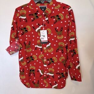New Cactus Boys Size 11/12 Christmas long sleeve button up reindeer shirt